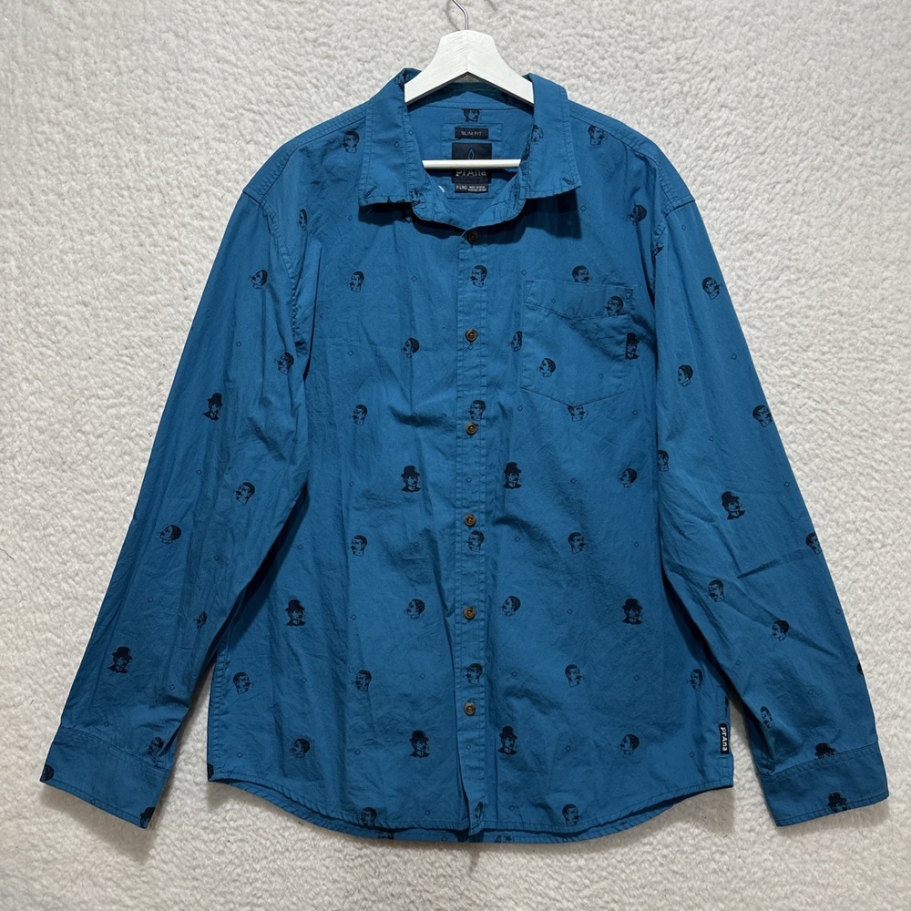 prAna Men's Size XL Broderick Slim Fit Shirt Blue Long Sleeve Chest Pocket